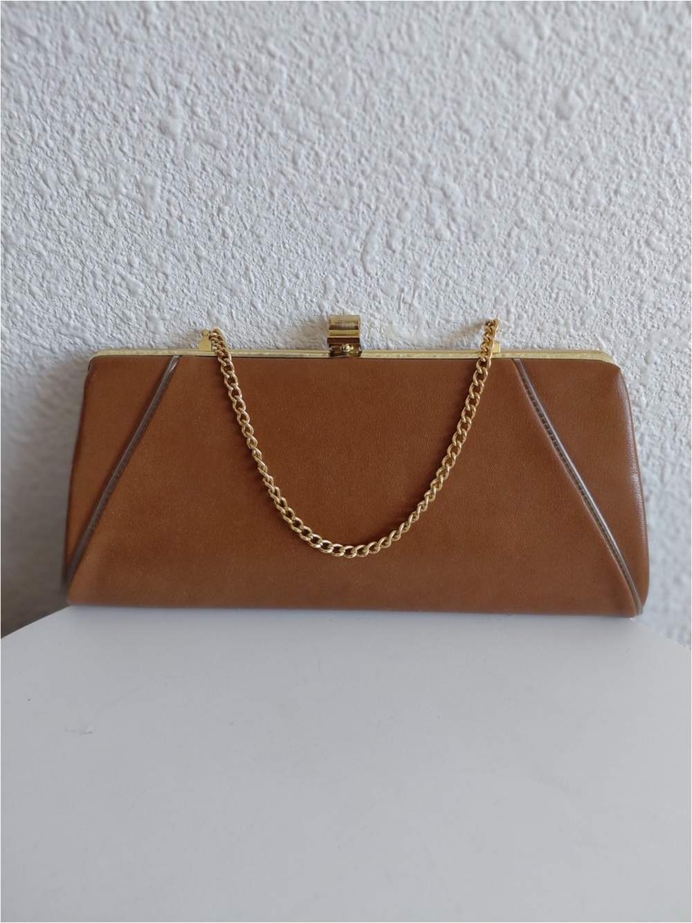 Classic Tan Leather Chain-Clasp Evening Clutch